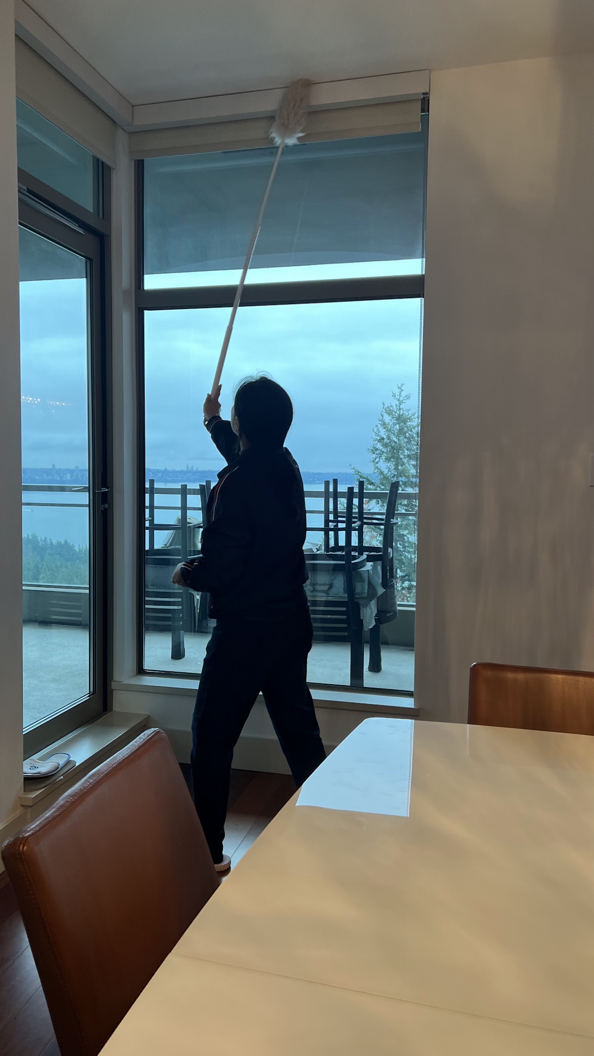 Cleaner reaching up to clean high window blinds with city views in the background