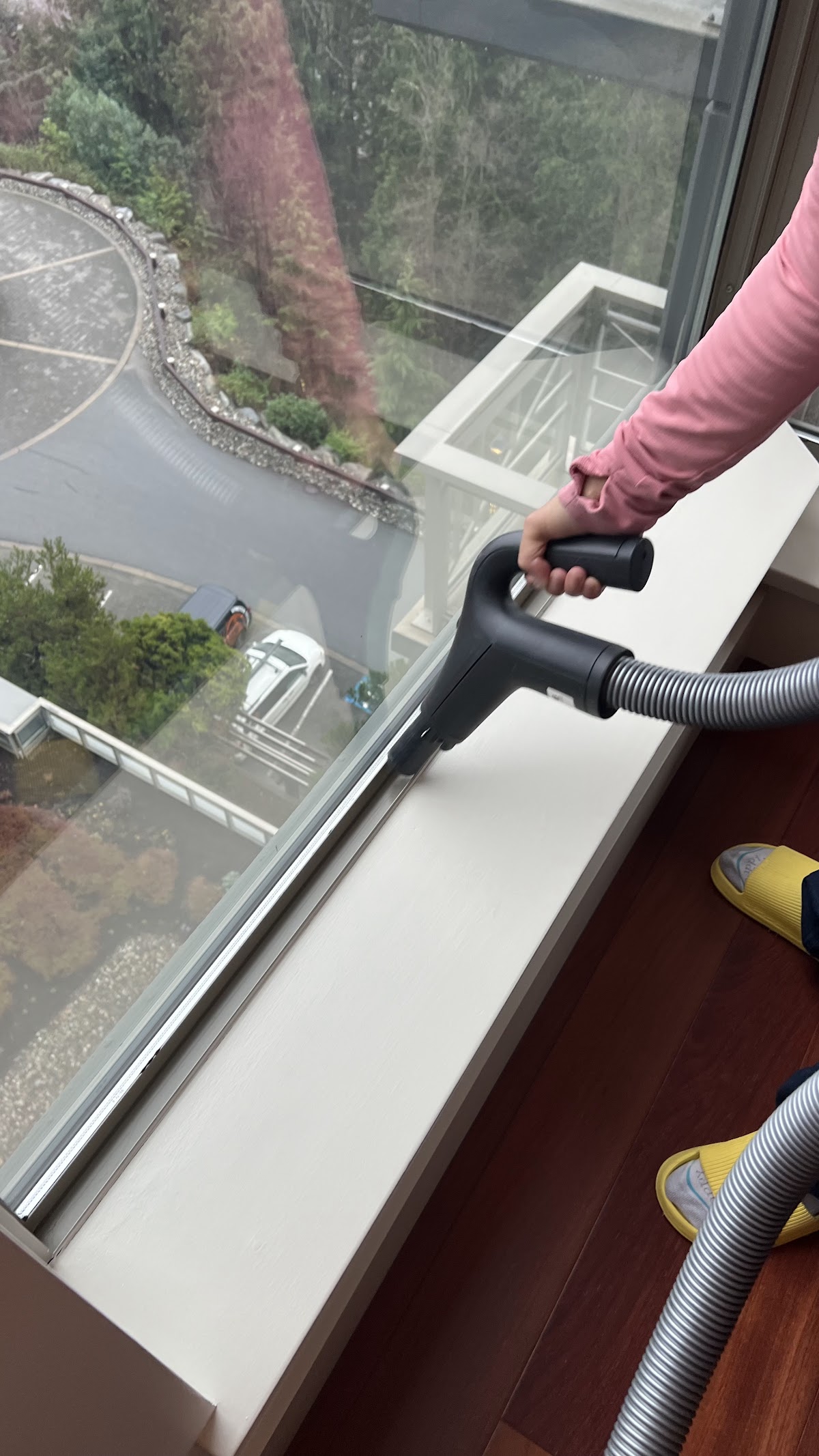 Detail shot of vacuum attachment cleaning a window sill with garden view below